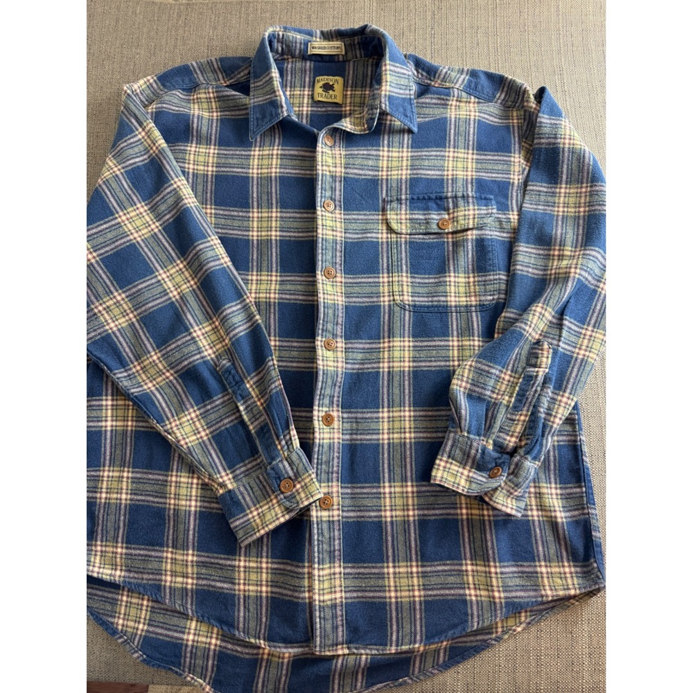 Madison Trader Mens Blue Tan Plaid Washed Cotton Flannel Shirt Heavyweight XL